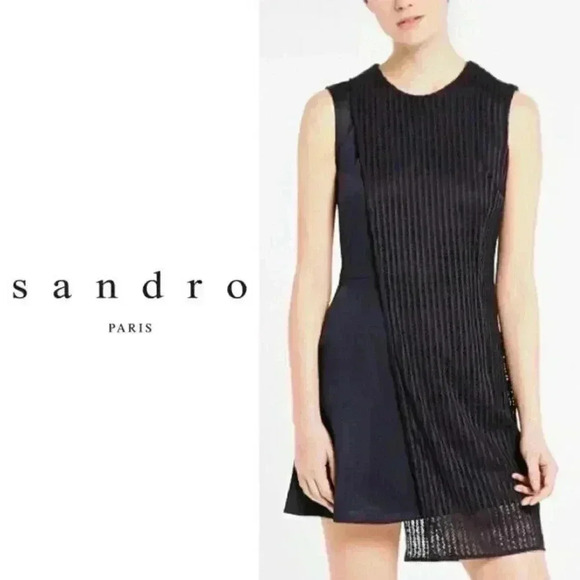 SANDRO Paris Ready Knitted-Panel Jersey Mini Dress Navy Blue Women's Size 8 US - Picture 1 of 15
